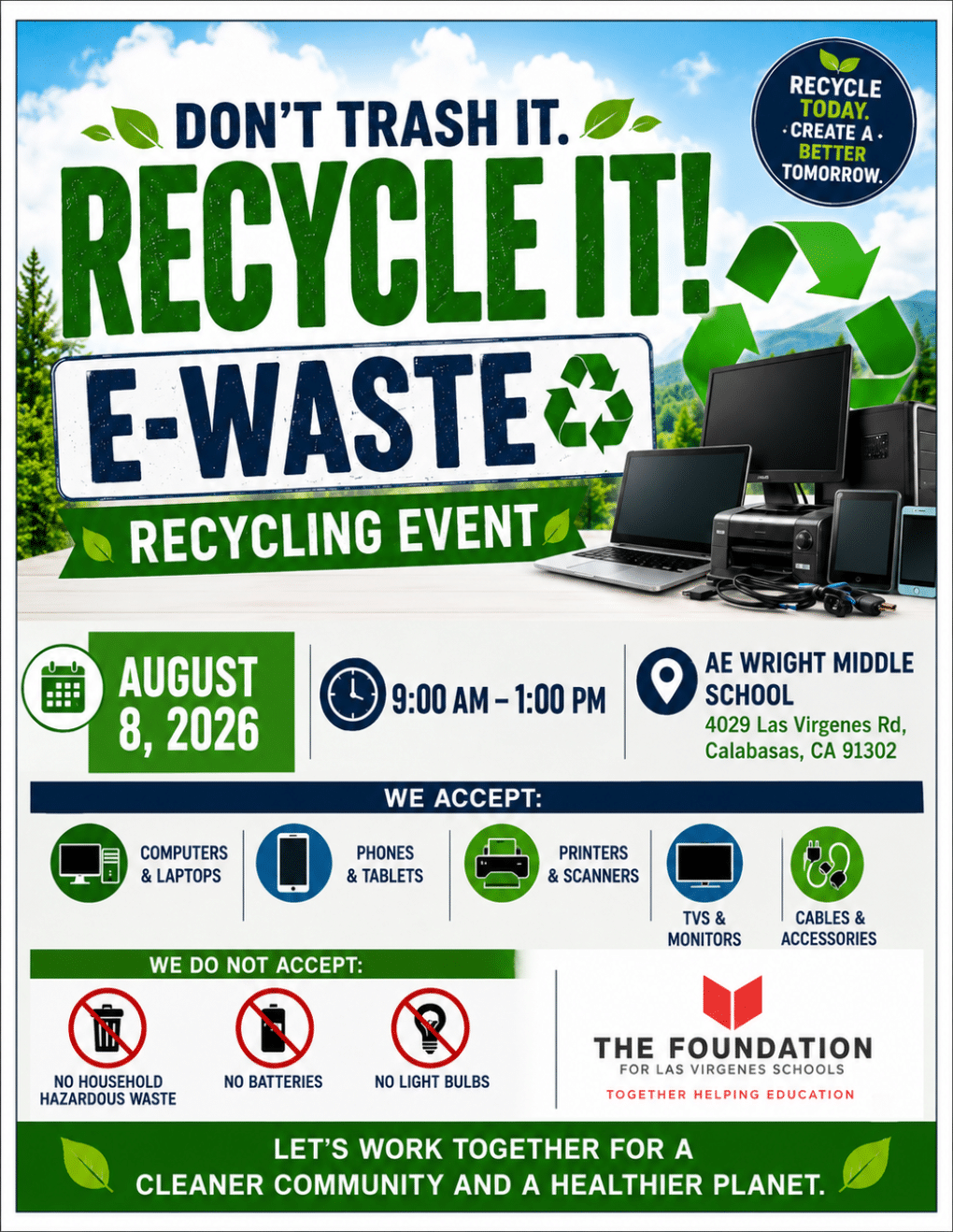 E-Waste Recycling Event — August 8, 2026, 9AM-1PM at AE Wright Middle School, Calabasas